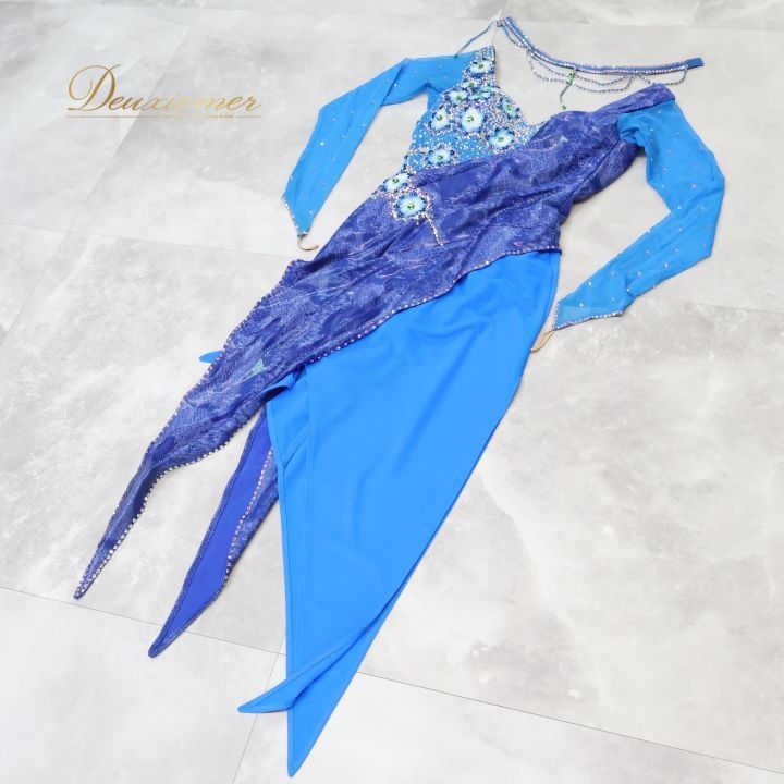 社交ダンス 衣装 白樺ドレス ラテン ドレス ワンピース 青 デモ 競技