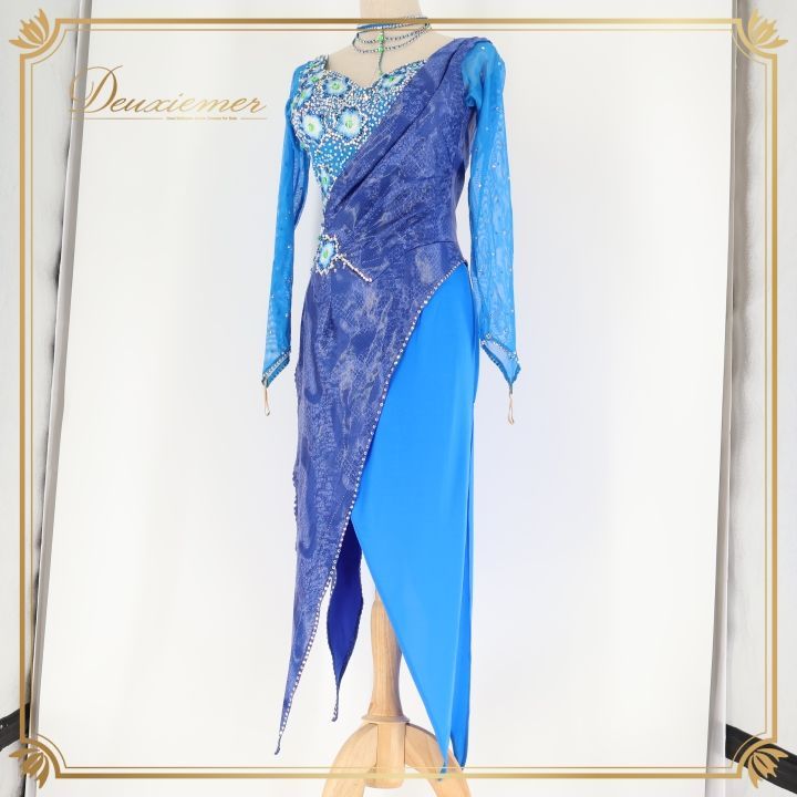 社交ダンス 衣装 白樺ドレス ラテン ドレス ワンピース 青 デモ 競技