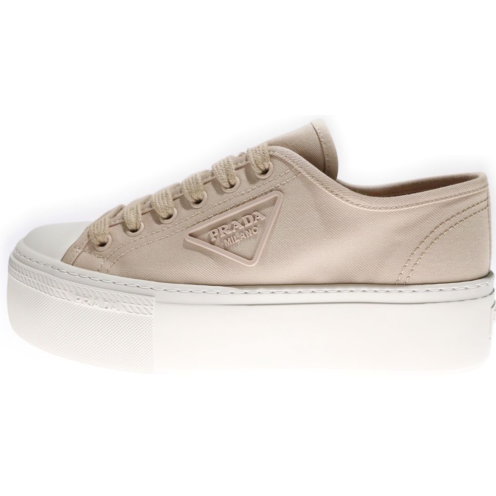 【極美品】プラダ ローカットスニーカー 三角ロゴ トライアングル ベージュ 35 PRADA (プラダ) トライアングルロゴ コットンキャンバス ローカット