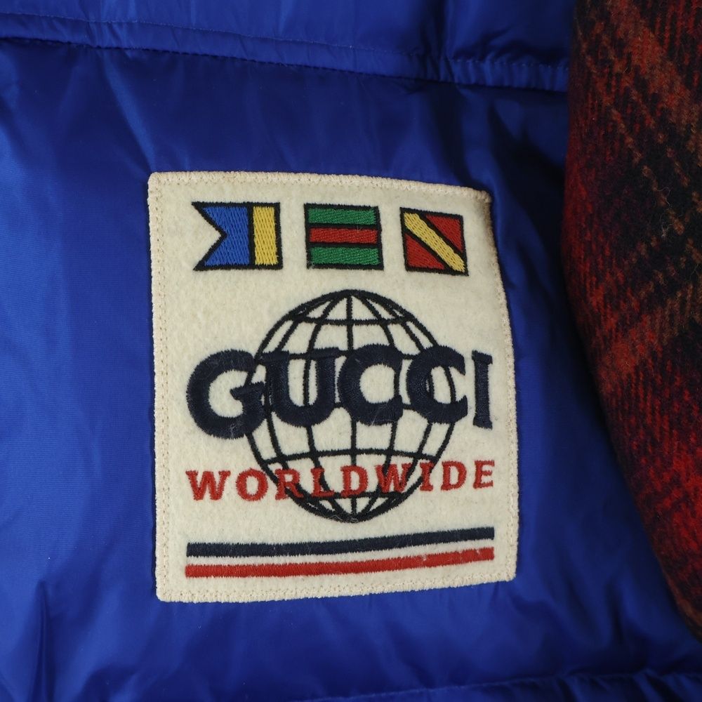 GUCCI (グッチ) ワッペンロゴ チェック柄 ウール切り替え フーデッド