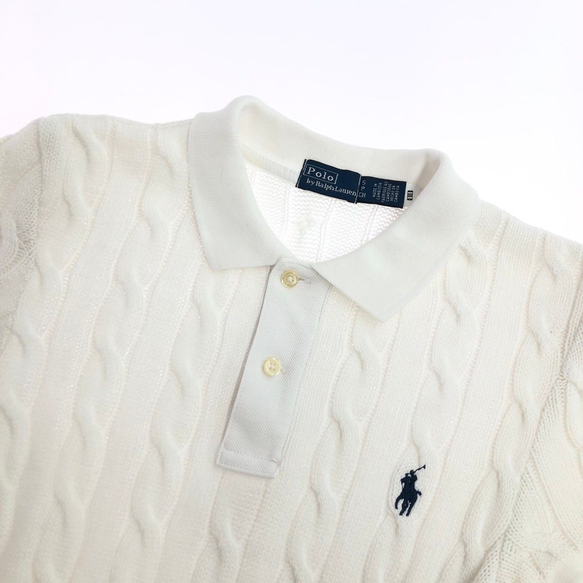 Polo Ralph Lauren ホワイト ケーブルニット 半袖 M POLO RALPH LAUREN ポロラルフローレン 半袖ケーブルポロニット サイズ