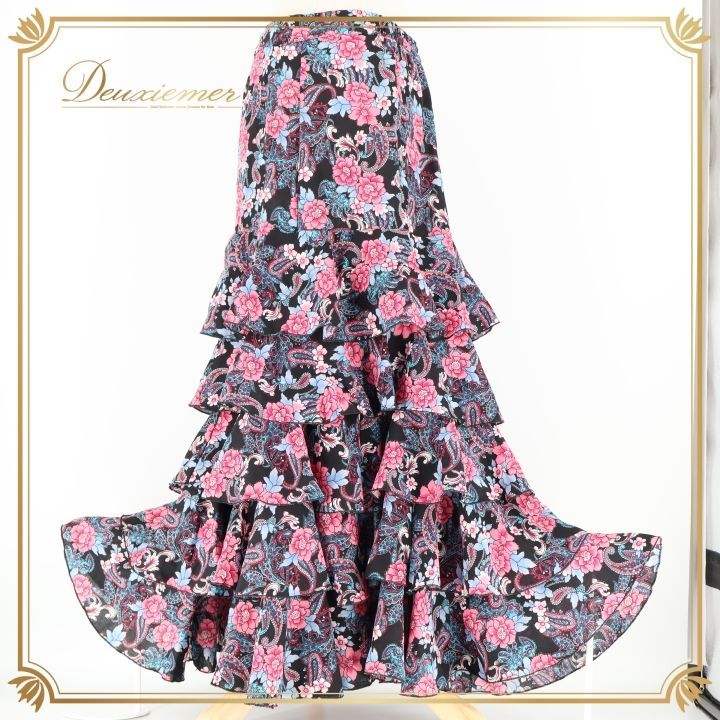 【美品 フラメンコ衣装】ブラック ファルダ スカート 黒 ピンク ボランテ 美品 フラメンコ衣装】ブラック ファルダ ボランテ スカート フリル 赤