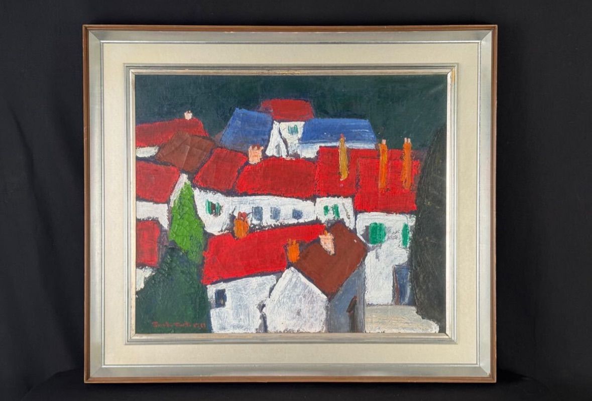 水藤澄子「シャルトルの赤い屋根」油彩 F20号 大作 直筆サイン入り