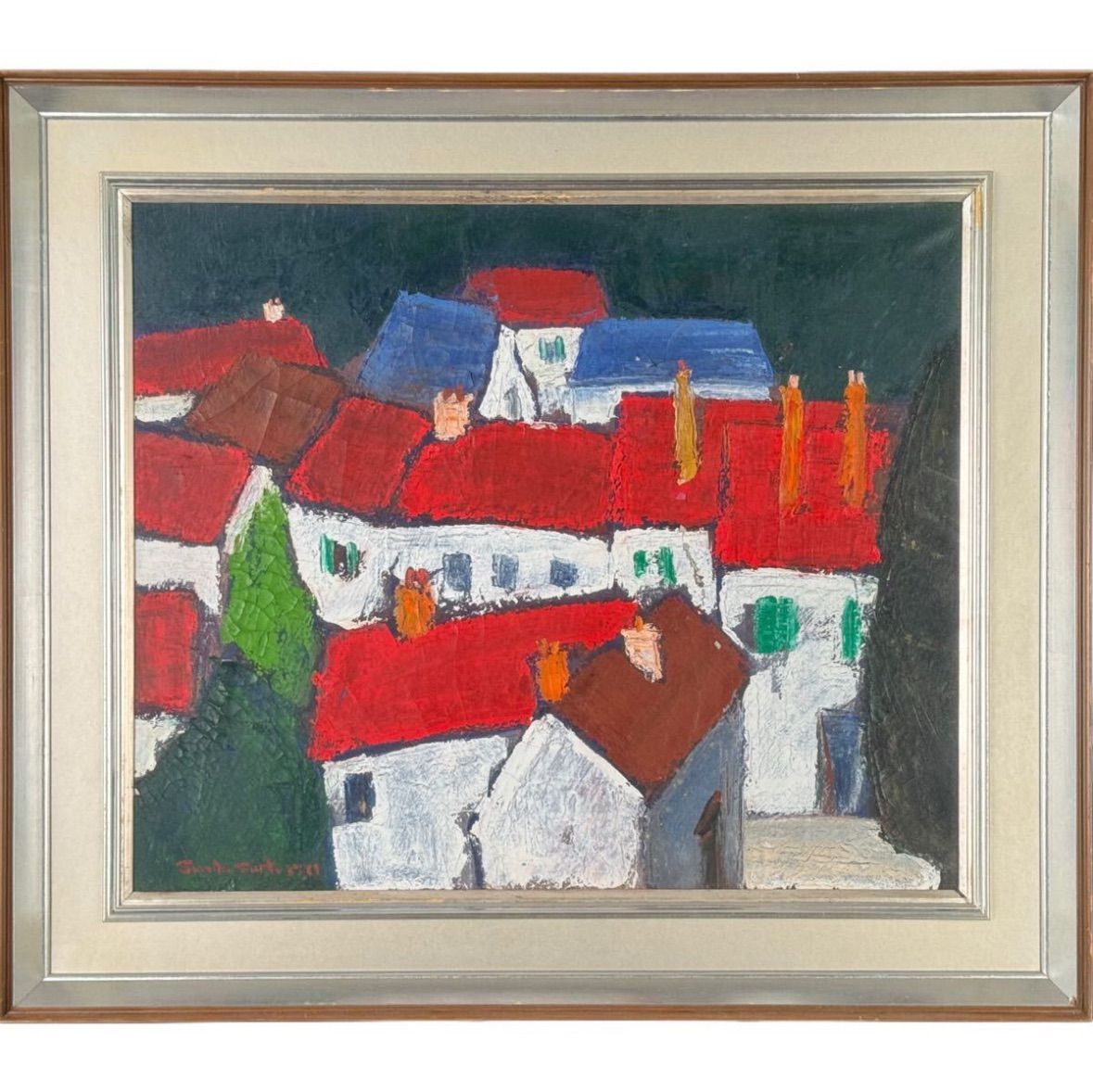 水藤澄子「シャルトルの赤い屋根」油彩 F20号 大作 直筆サイン入り