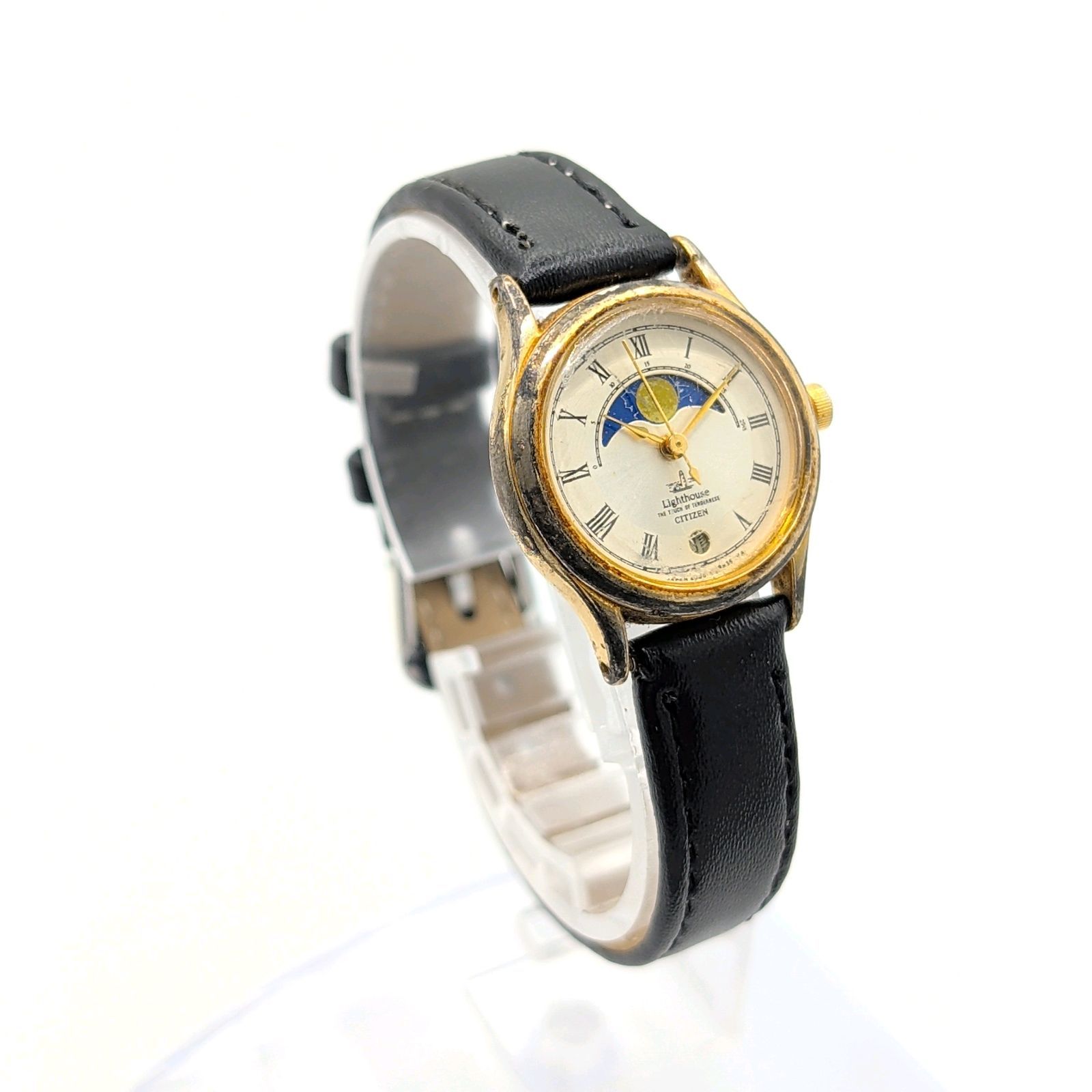 Citizen Light House 6085-G03588 Watch QZ Moon face Gold Date Y2K