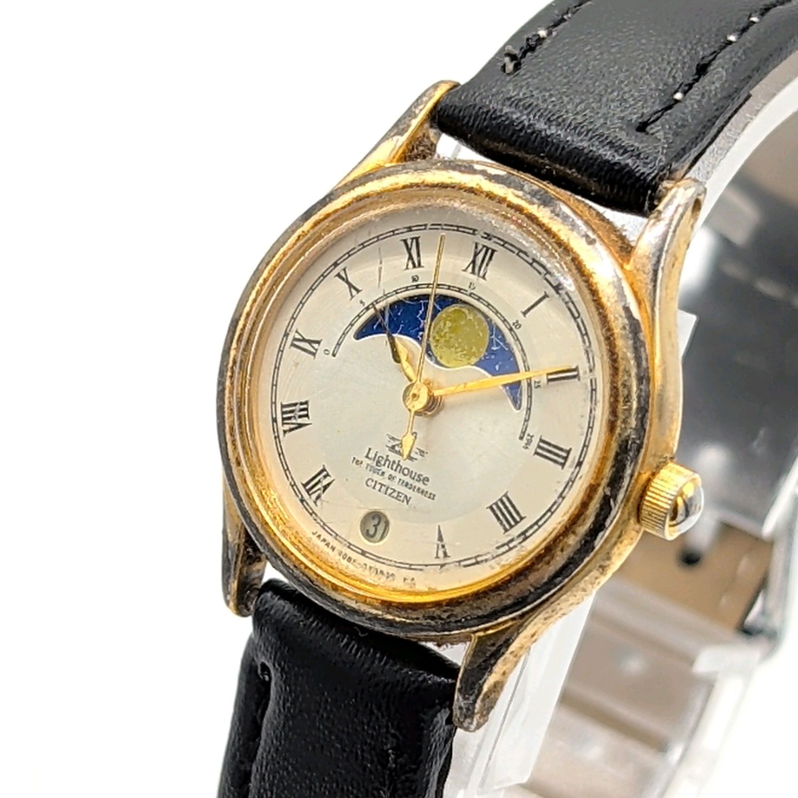 Citizen Light House 6085 G 03588 Watch QZ Moon face Date Y 2 K 00 S シチズン ライトハウス ムーンフェイス 時計 クオーツ レディース ラウンド ゴールド デイト ヴィンテージ 不動品
