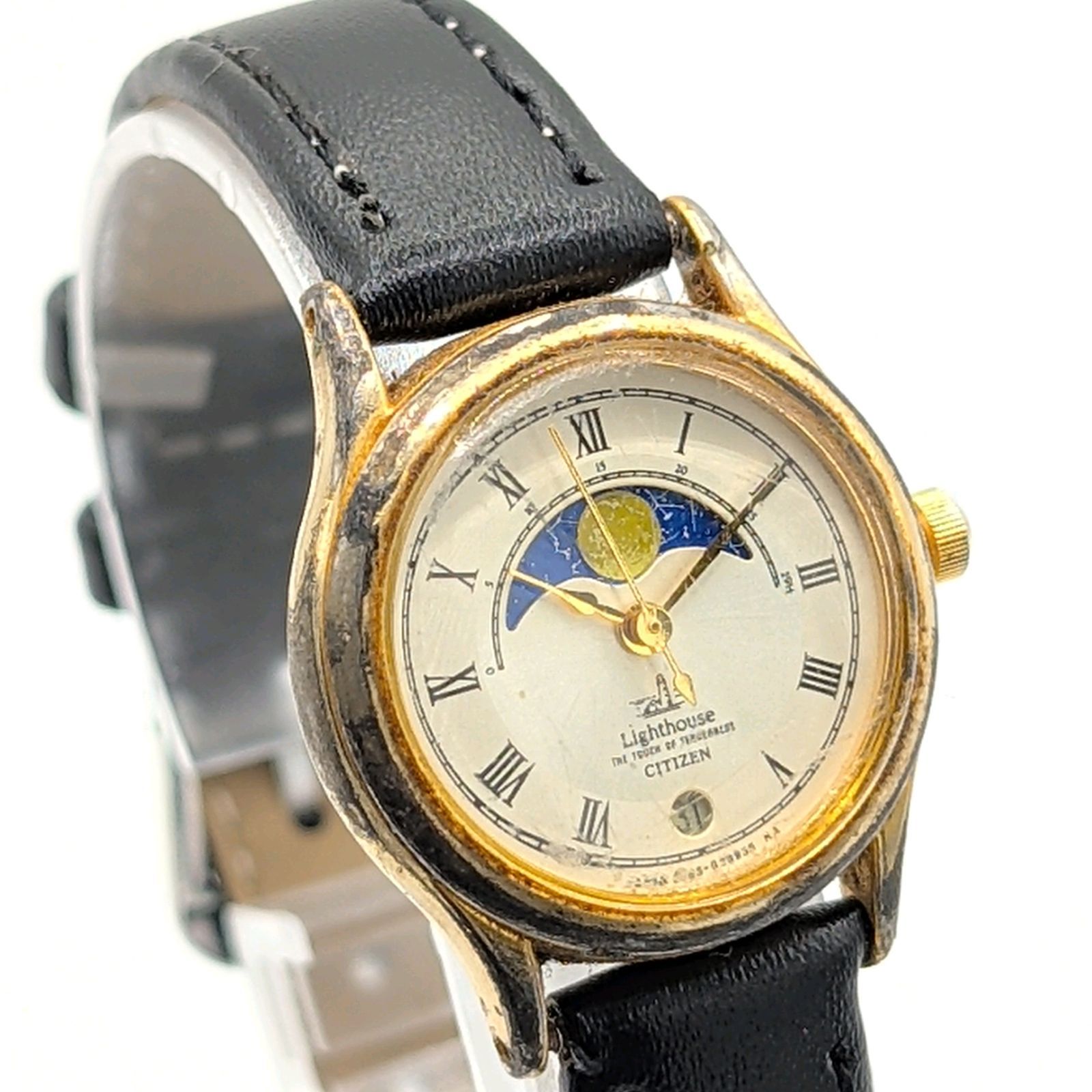Citizen Light House 6085 G 03588 Watch QZ Moon face Date Y 2 K 00 S シチズン ライトハウス ムーンフェイス 時計 クオーツ レディース ラウンド ゴールド デイト ヴィンテージ 不動品