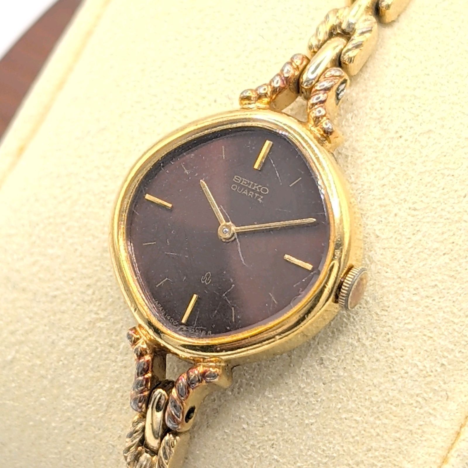 SEIKO 1400-6380 Watch Quartz Ladies Round Gold Black dial Working 