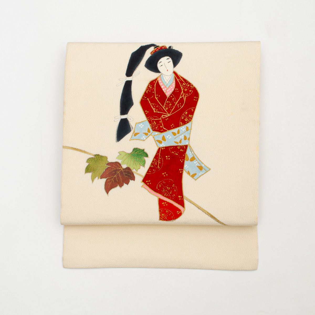 訳あり品】名古屋帯 友禅 人形の図 縮緬 オフホワイト 正絹 九寸