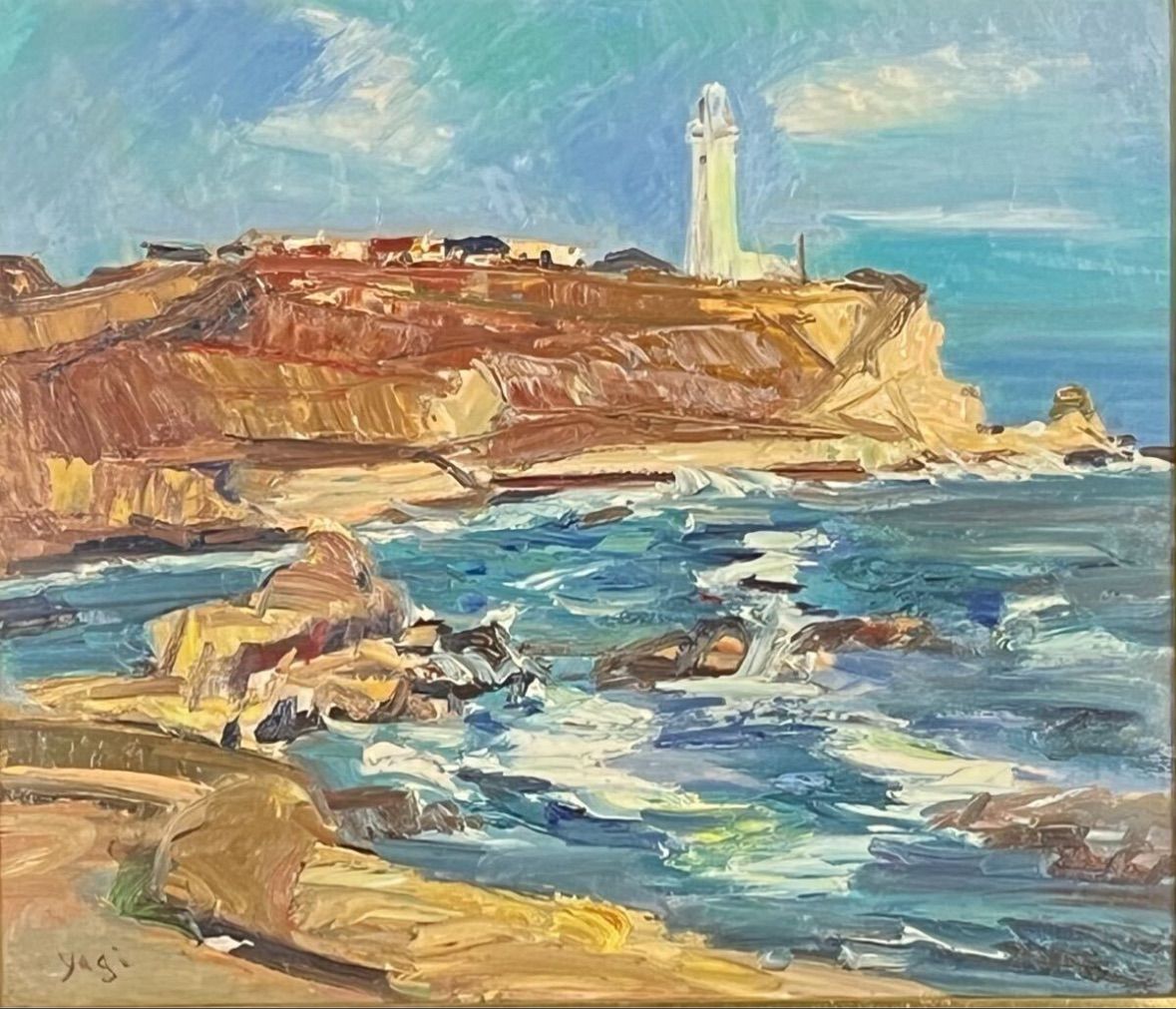 八木義雄 犬吠崎灯台 油彩 厚塗 F 10号 風景画 共シール 光風会会員 師 鬼頭鍋三郎