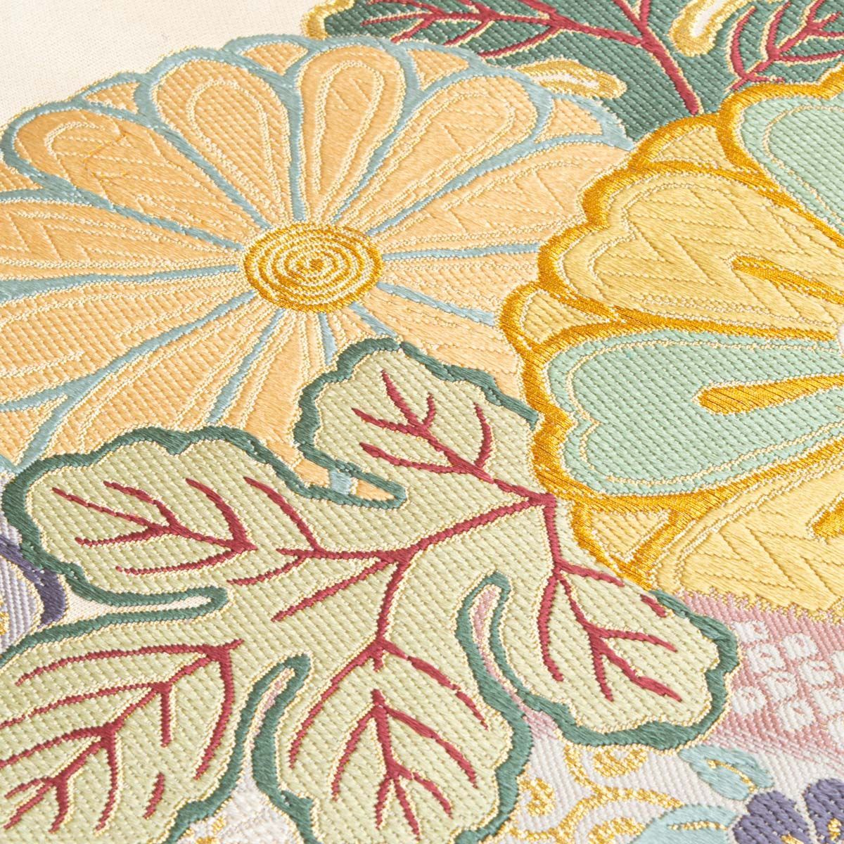 袋帯 唐織 立涌 菊花文 クリーム パステルカラー 金糸 西陣織 正絹