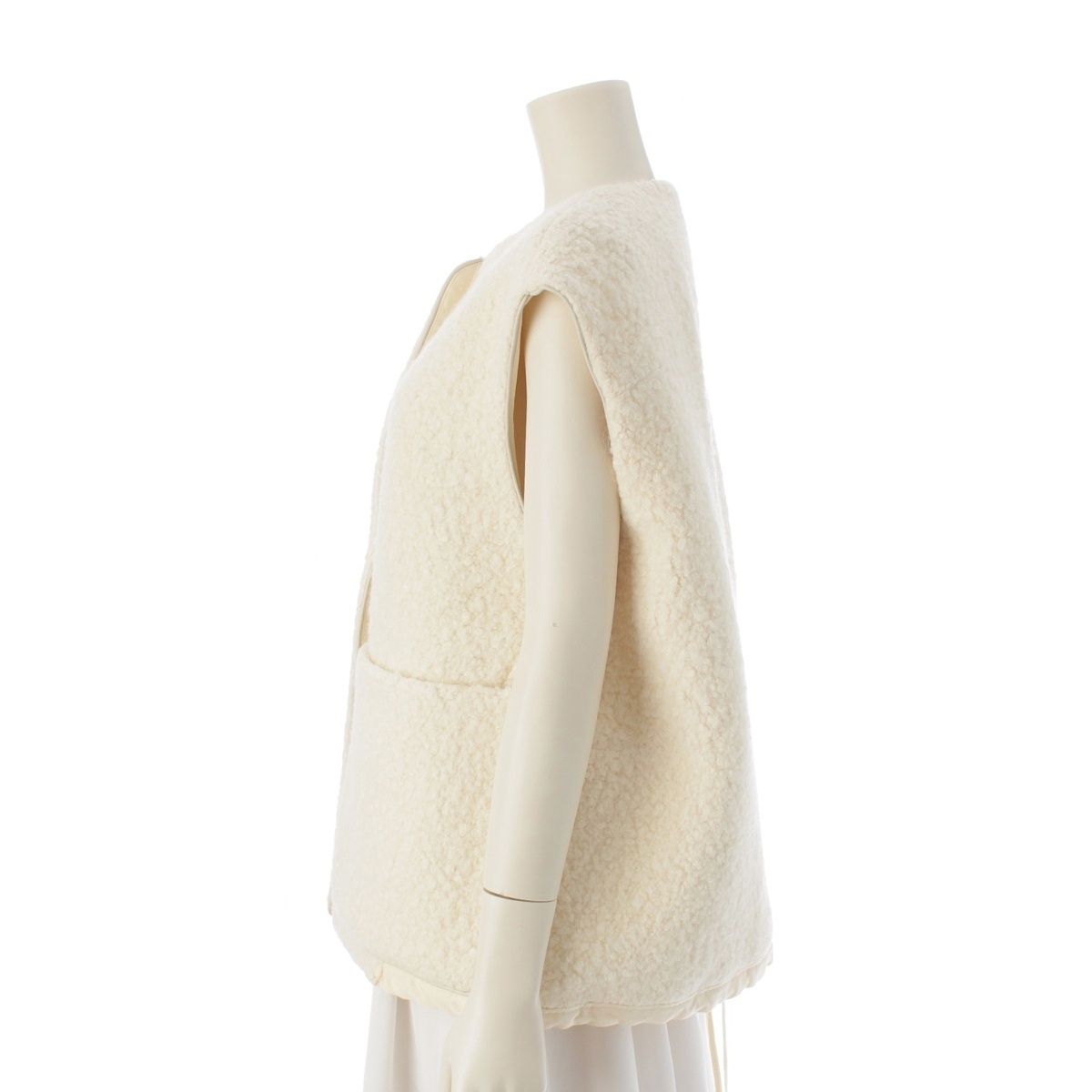 ドゥロワー 22AW ウール アルパカ レザーパイピング ボア ジレ ベスト アウター 6522-234-0740 ブラック 36【中古】 ドゥロワー 22AW ウール アルパカ レザーパイピング ボア ベスト ジレ