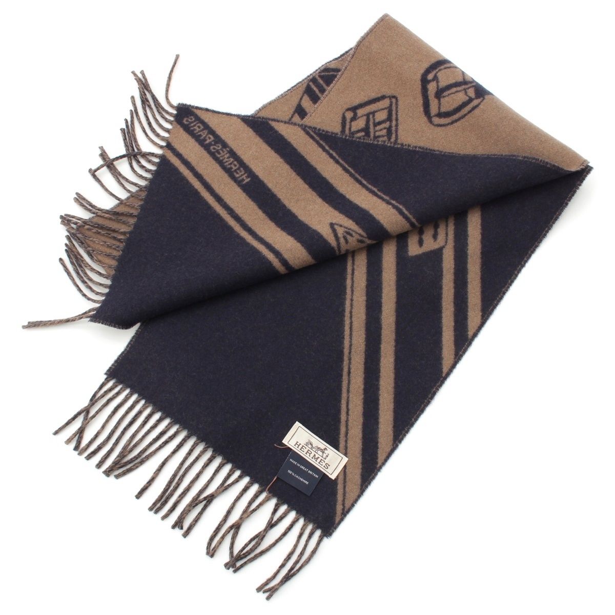 エルメス ジグザグのサングル カシミヤ フリンジ マフラー エトゥープ