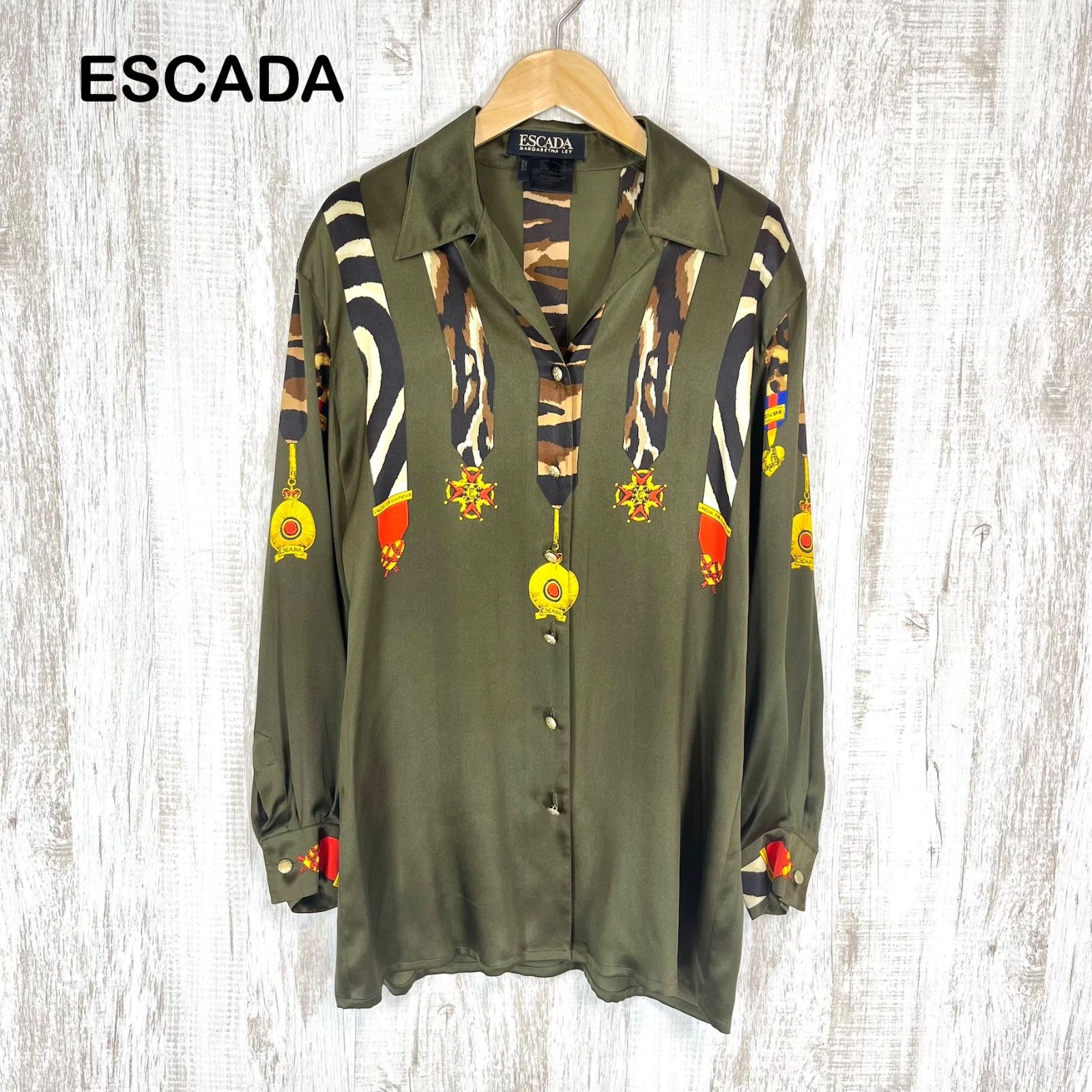 ESCADA エスカーダ ヴィンテージ 勲章モチーフ オープンカラー シルク