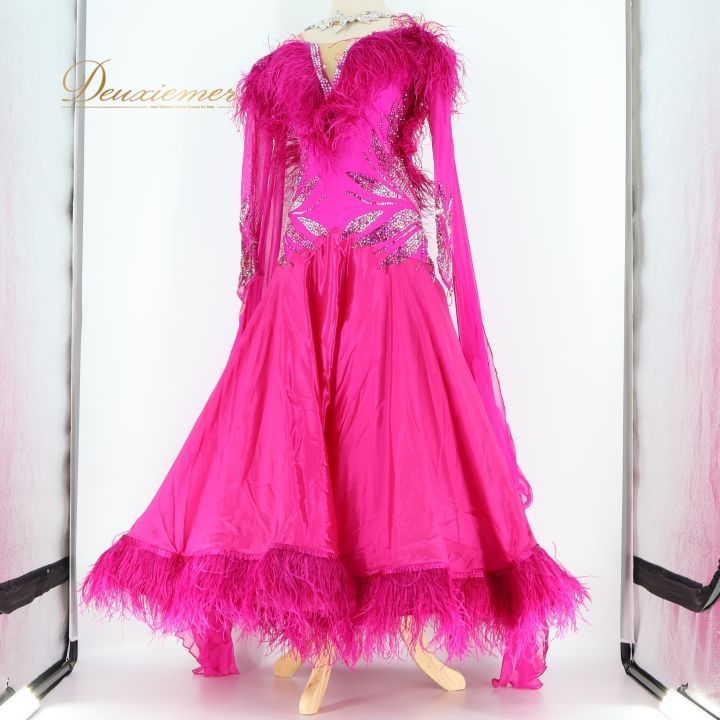 【社交ダンス衣装】朱色×豪華フリルファー ワンピース ドレス フロート レース 社交ダンス衣装】朱色×豪華フリルファー ワンピース ドレス フロート