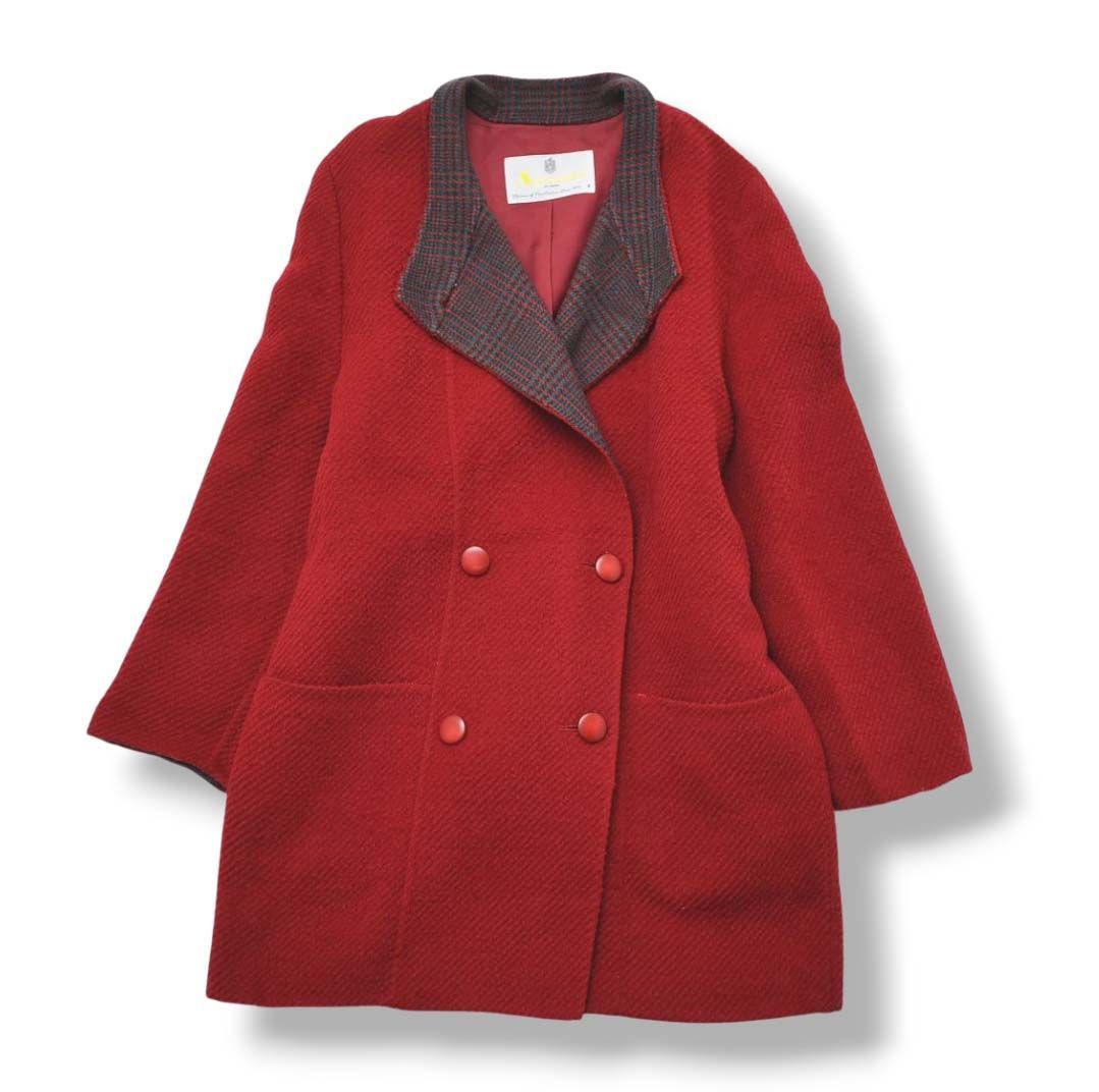 90s アクアスキュータム 裏地チェック ウール ダブル コート 9 赤