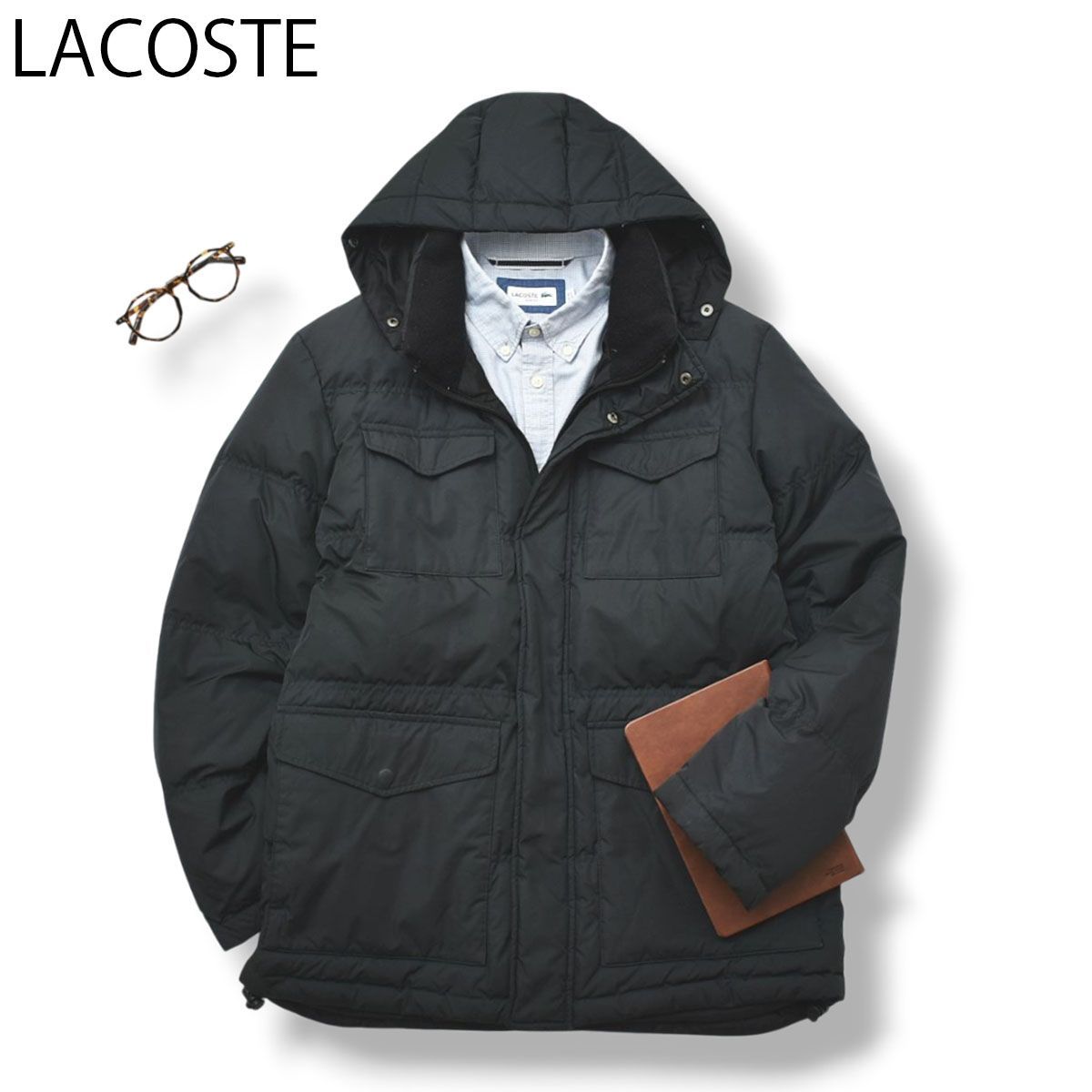 公式 【フード付き】 ラコステ LACOSTE ダウン ジャケット 48 ブラック