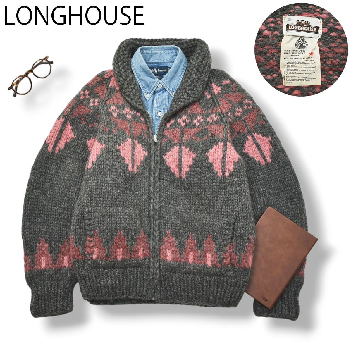 90s カナダ製 ロングハウス カウチン ニット 38 総柄 グレーxピンク