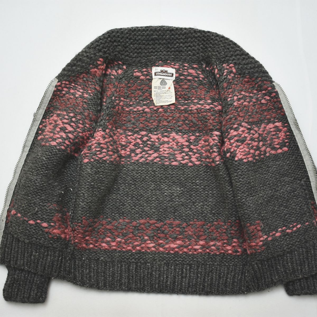 90s カナダ製 ロングハウス カウチン ニット 38 総柄 グレーxピンク