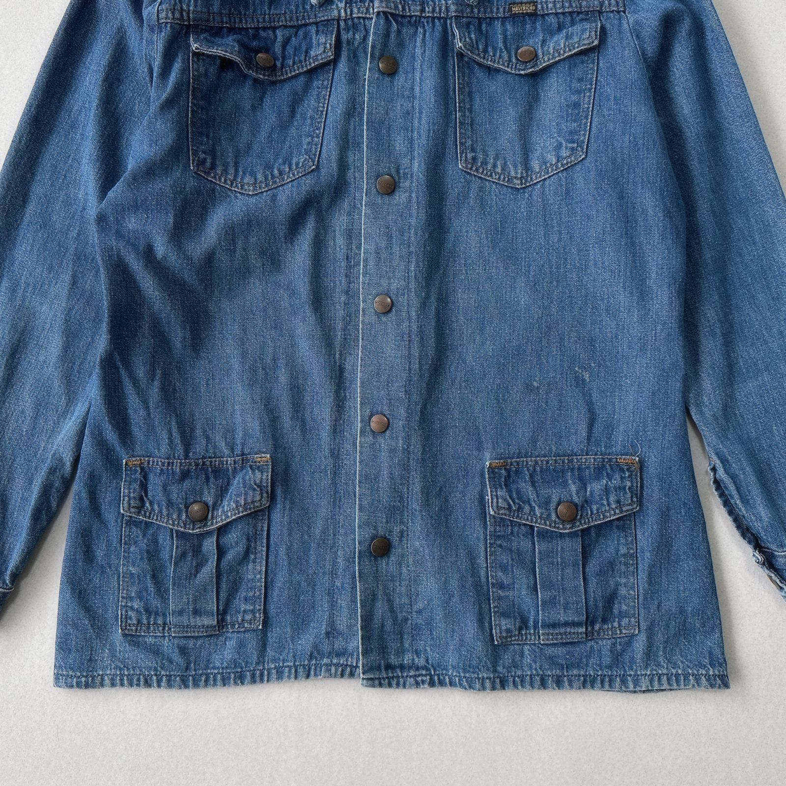 美品 70's ビンテージ maverick 124MJ 縦落 耳付 インディゴ 希少 USA製】70s MAVERICK デニム ブッシュジャケット L 縦落ち