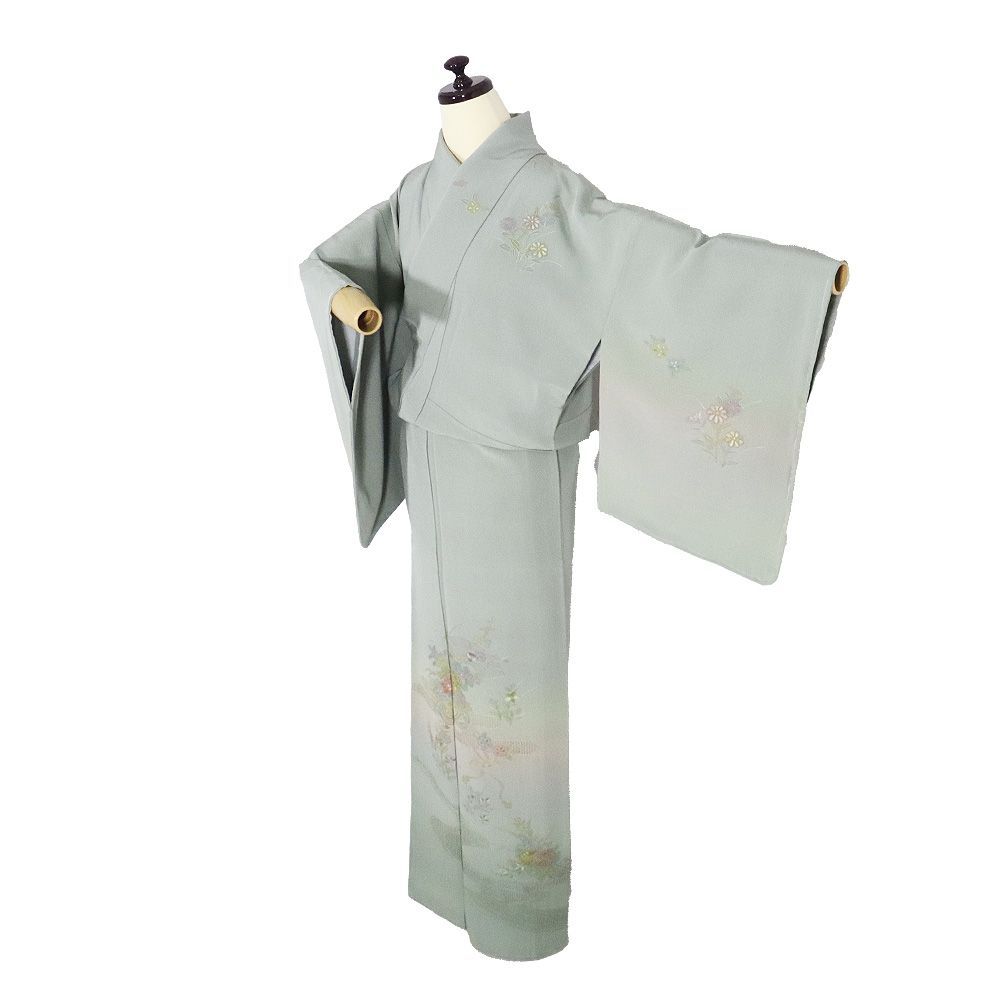 訪問着 袷 正絹 薄緑 緑 暈し 汕頭刺繍 花車 梅 牡丹 菊 桔梗 Mサイズ