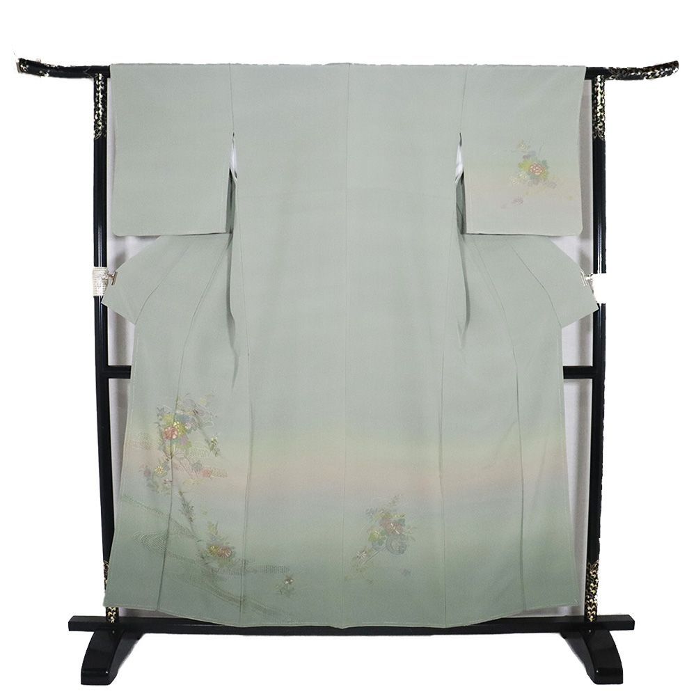 訪問着 袷 正絹 薄緑 緑 暈し 汕頭刺繍 花車 梅 牡丹 菊 桔梗 Mサイズ