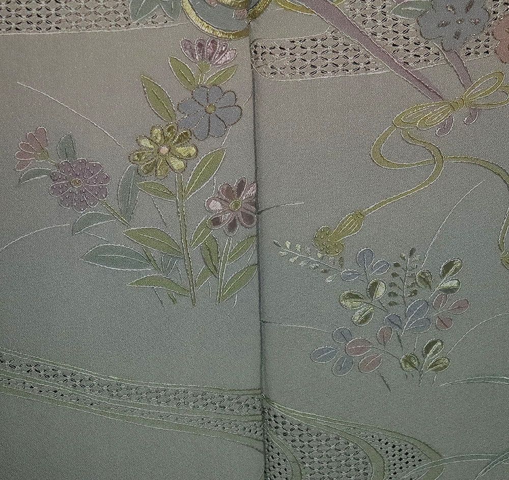 訪問着 袷 正絹 薄緑 緑 暈し 汕頭刺繍 花車 梅 牡丹 菊 桔梗 Mサイズ