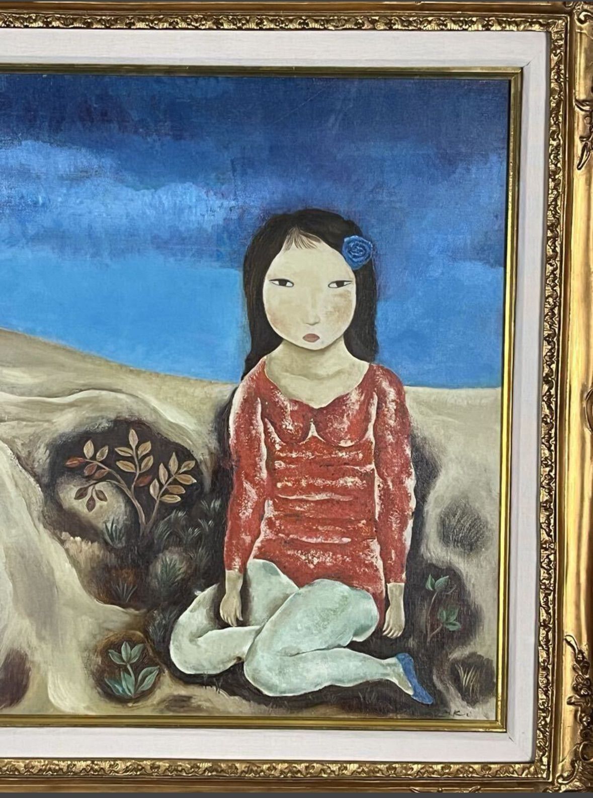 宮崎進「丘と少女」油彩 10号 証明シール 光風会会員 多摩美術大学名誉