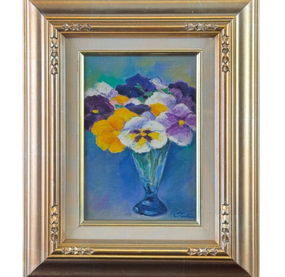 油彩画 花瓶の花 パンジー 油彩画 花瓶の花 パンジー 油彩画 花瓶の花