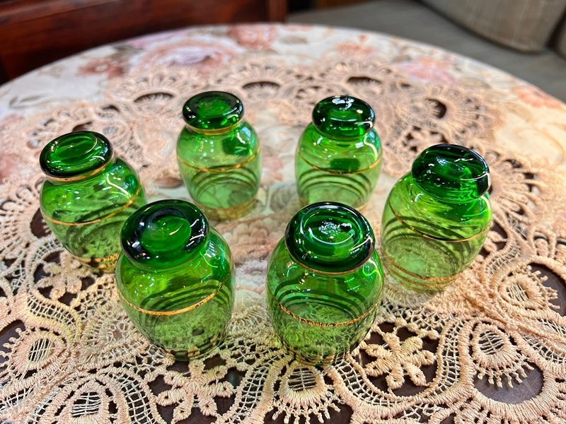 ボヘミア 水差し グラス6個セット アンティーク 緑 デカンタ＆ミニ