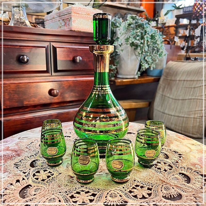 ボヘミア 水差し グラス6個セット アンティーク 緑 デカンタ＆ミニ