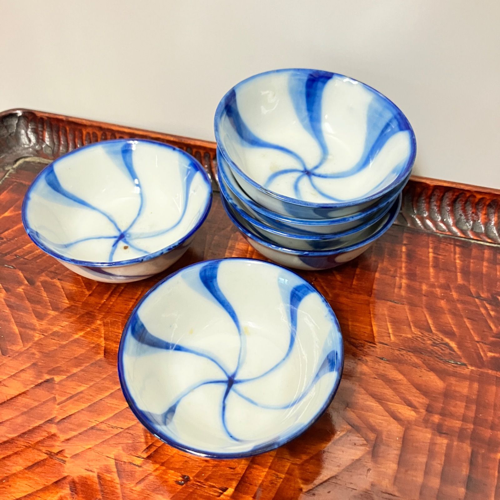 明治期 染付 捻り紋様 小鉢 6客 手描き 骨董器 和食器 |雑貨屋えこ