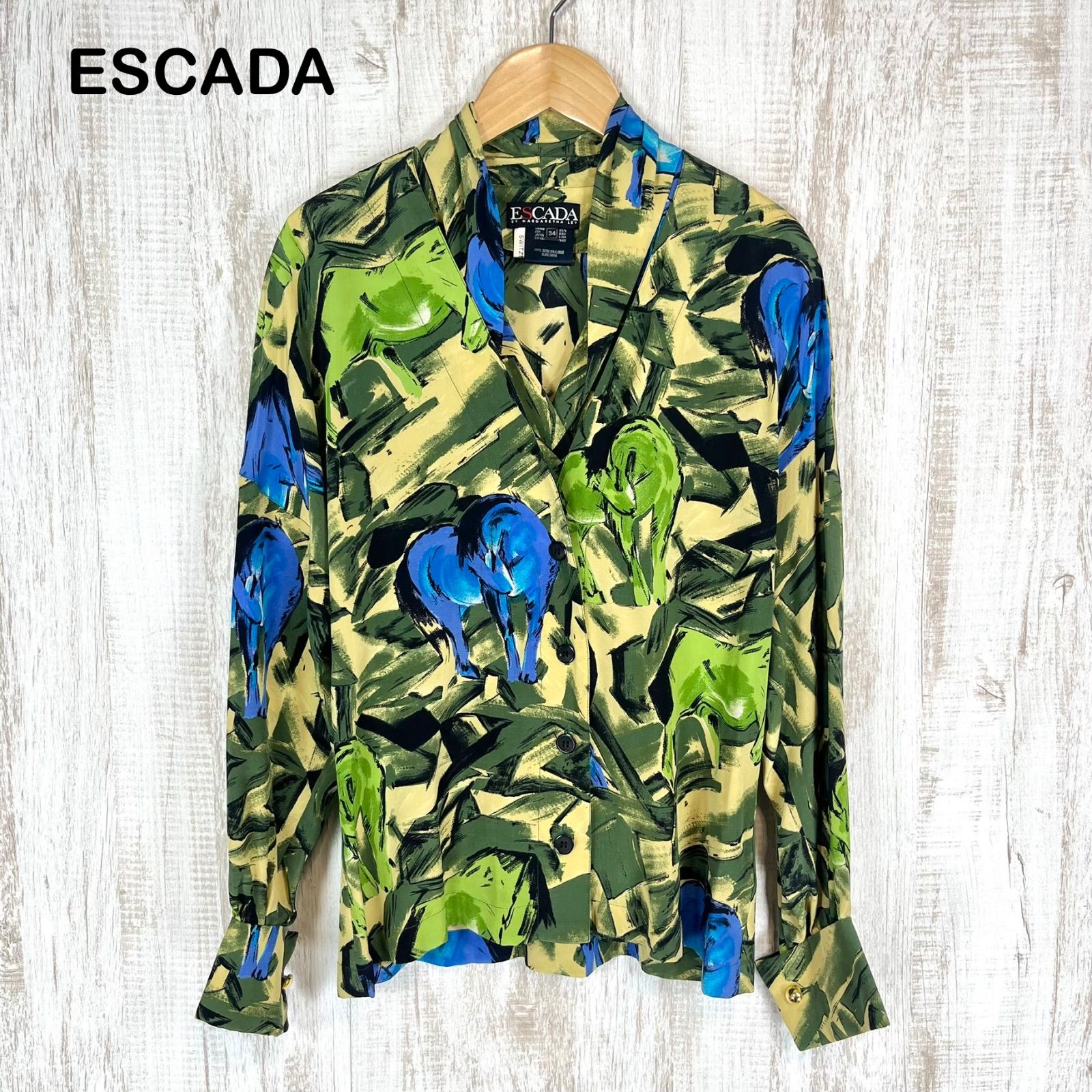 ESCADA エスカーダ ヴィンテージ ワイルドホース 総柄 オープンカラー ドロップショルダー シルク100% 長袖 ブラウス シャツ グリーン レディース トップス