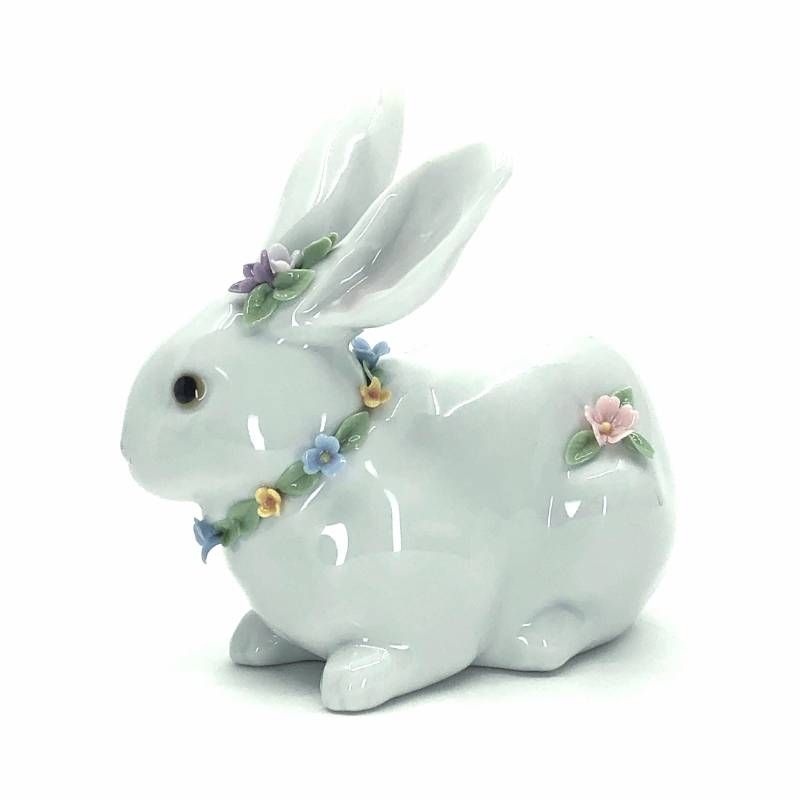美品】LLADRO リヤドロ／花飾りの白うさぎ II フィギュリン／陶器