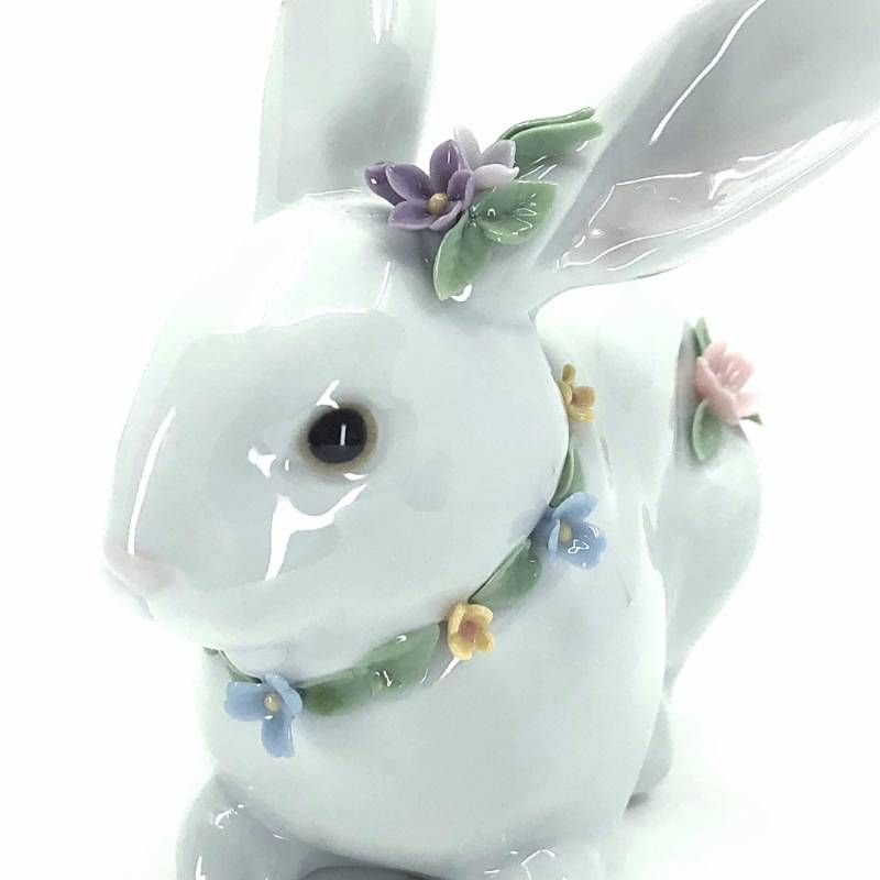 美品】LLADRO リヤドロ／花飾りの白うさぎ II フィギュリン／陶器