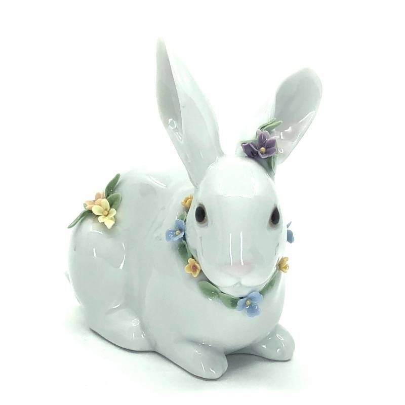 美品】LLADRO リヤドロ／花飾りの白うさぎ II フィギュリン／陶器