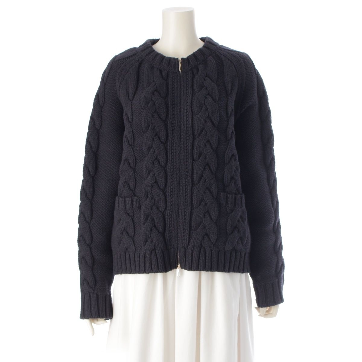 エルメス ウール カシミヤ混 ジップアップ セーター ケーブルニット