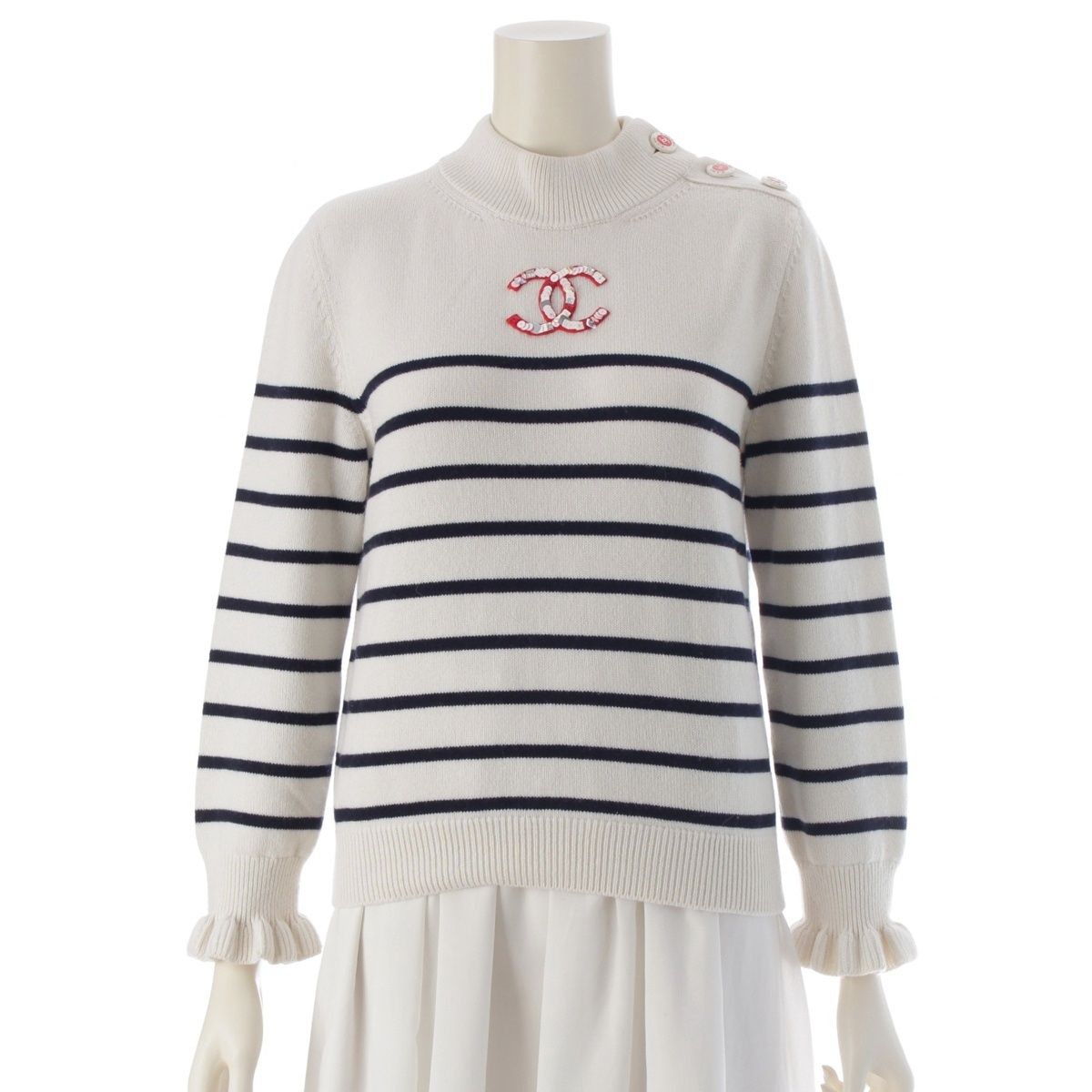 美品 シャネル 98P コットンニット ココマーク刺繍 ボーダー 大きいサイズ CHANEL - ［美品］98p シャネル ココマーク刺繍 ボーダー 半袖ニット