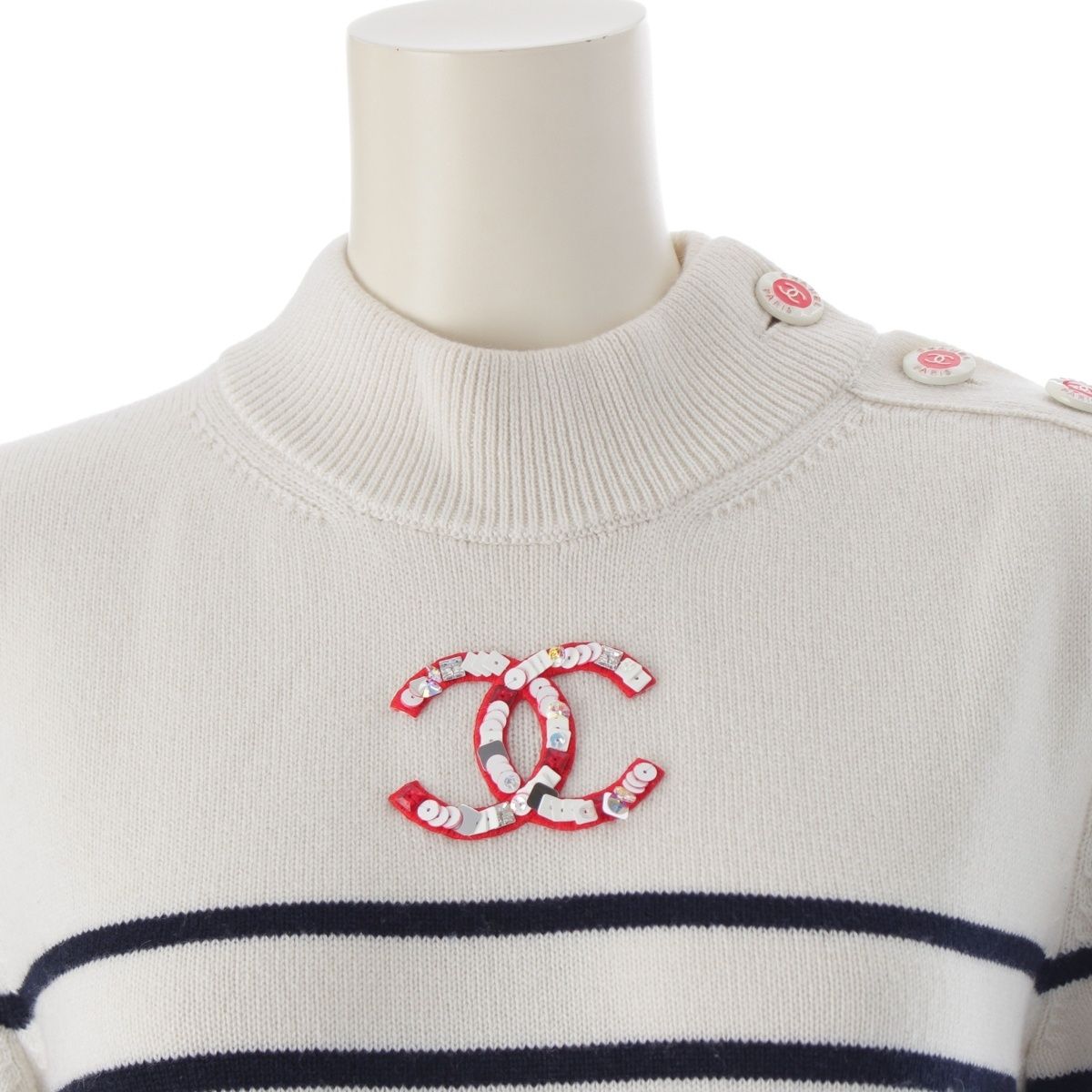 シャネル 2023 カシミヤ スパンコール ココマーク ボーダー ニット