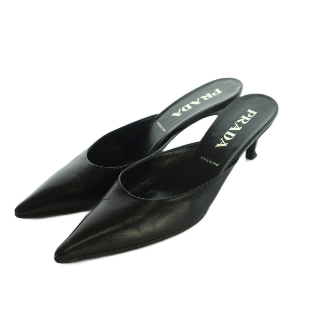 プラダ PRADA ミュール ポインテッドトゥ レザー 38.5 25.5cm 黒
