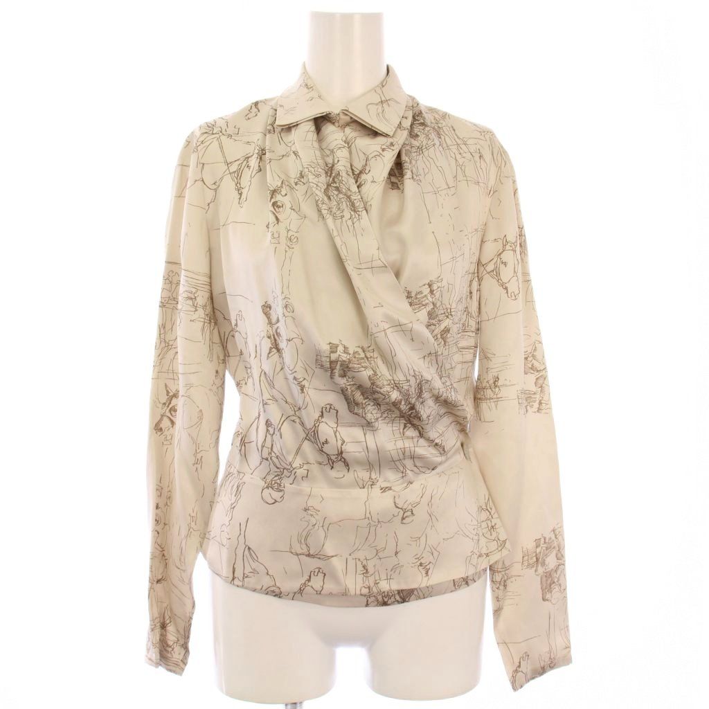 HERMES エルメスシャツブラウス 34　ベージュ エルメス HERMES サテンシャツ ブラウス 長袖 総柄 シルク 34 ベージュ