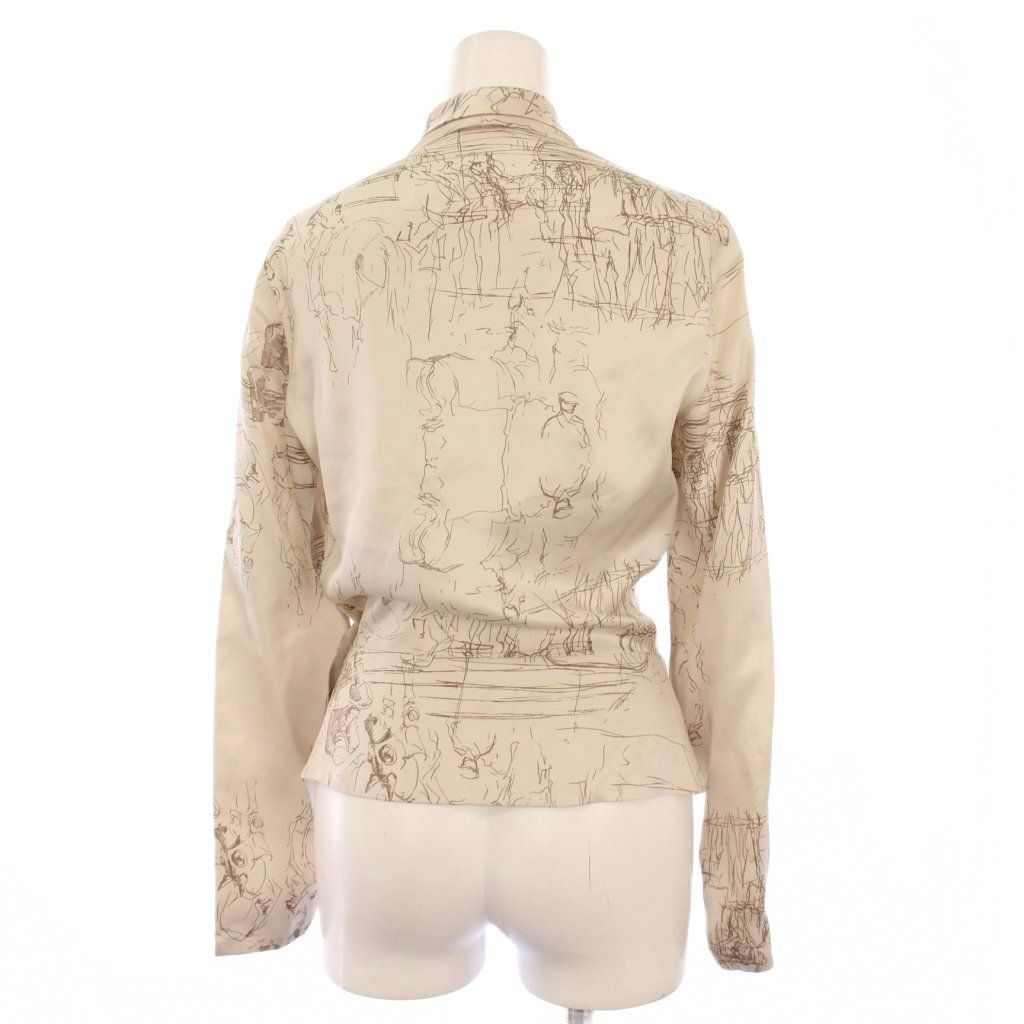 エルメス HERMES サテンシャツ ブラウス 長袖 総柄 シルク 34 ベージュ