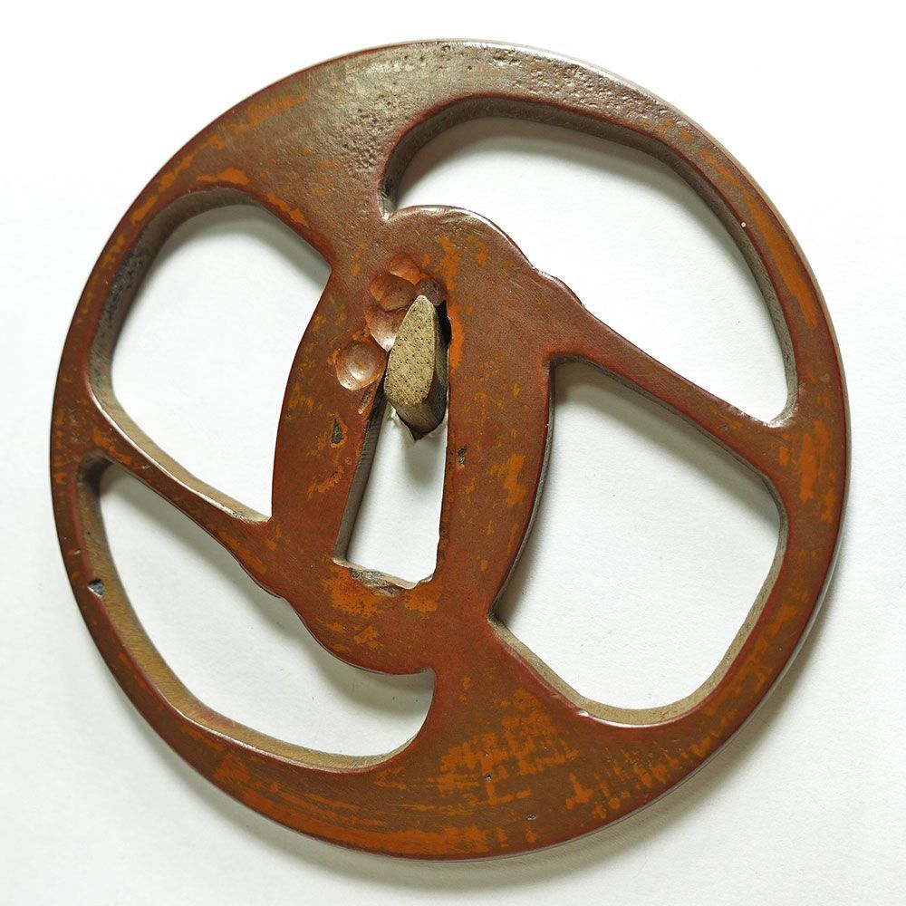 ☆影蝶透！ 素銅地丸形影蝶透鐔 無銘 西垣派？ 肥後鐔 大透 角耳小肉