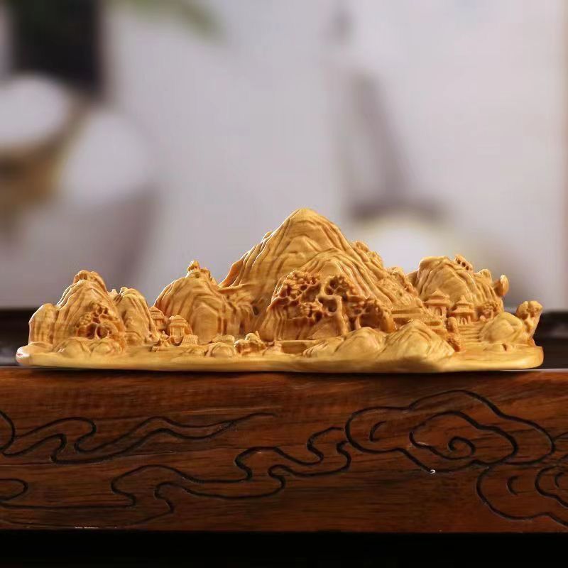 一点物 手工芸 文房具 ギフト】純手工彫刻 黄楊木（つげ）山水筆架