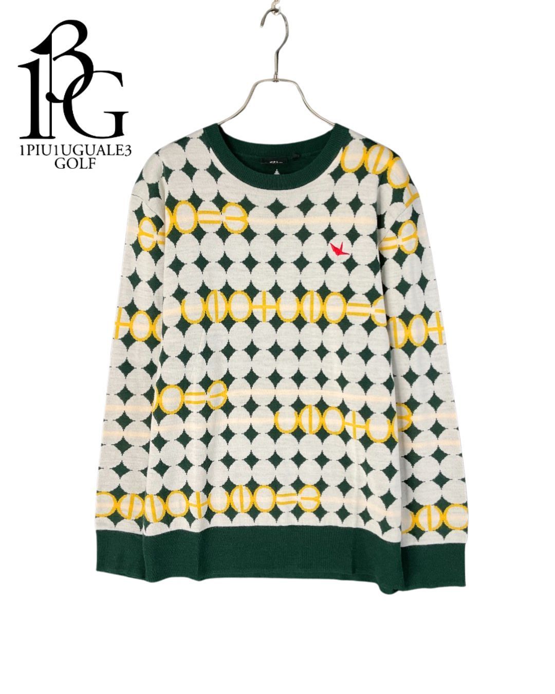 66000円　1PIU1UGUALE3 GOLF　総柄　Ⅴネック　ニット　AKM 1PIU1UGUALE3 GOLF 総柄クルーネックニット ? グリーン×ホワイト