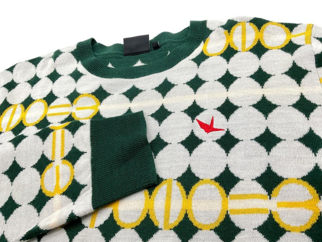 66000円　1PIU1UGUALE3 GOLF　総柄　Ⅴネック　ニット　AKM 1PIU1UGUALE3 GOLF 総柄クルーネックニット ? グリーン×ホワイト
