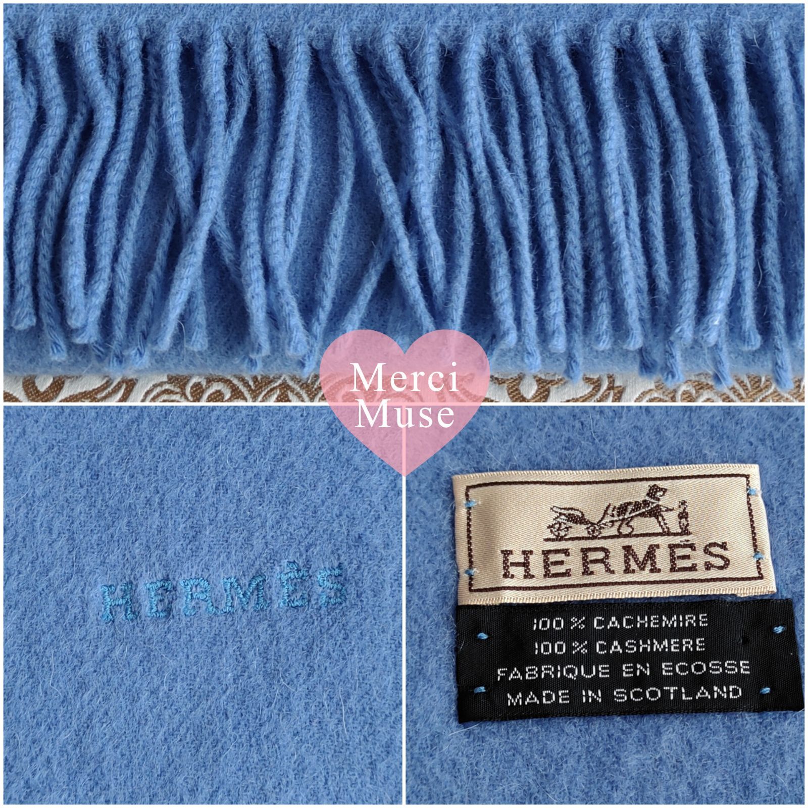 ❤お得なお品❤クリーニング済 カシミヤマフラー ブルー エルメス