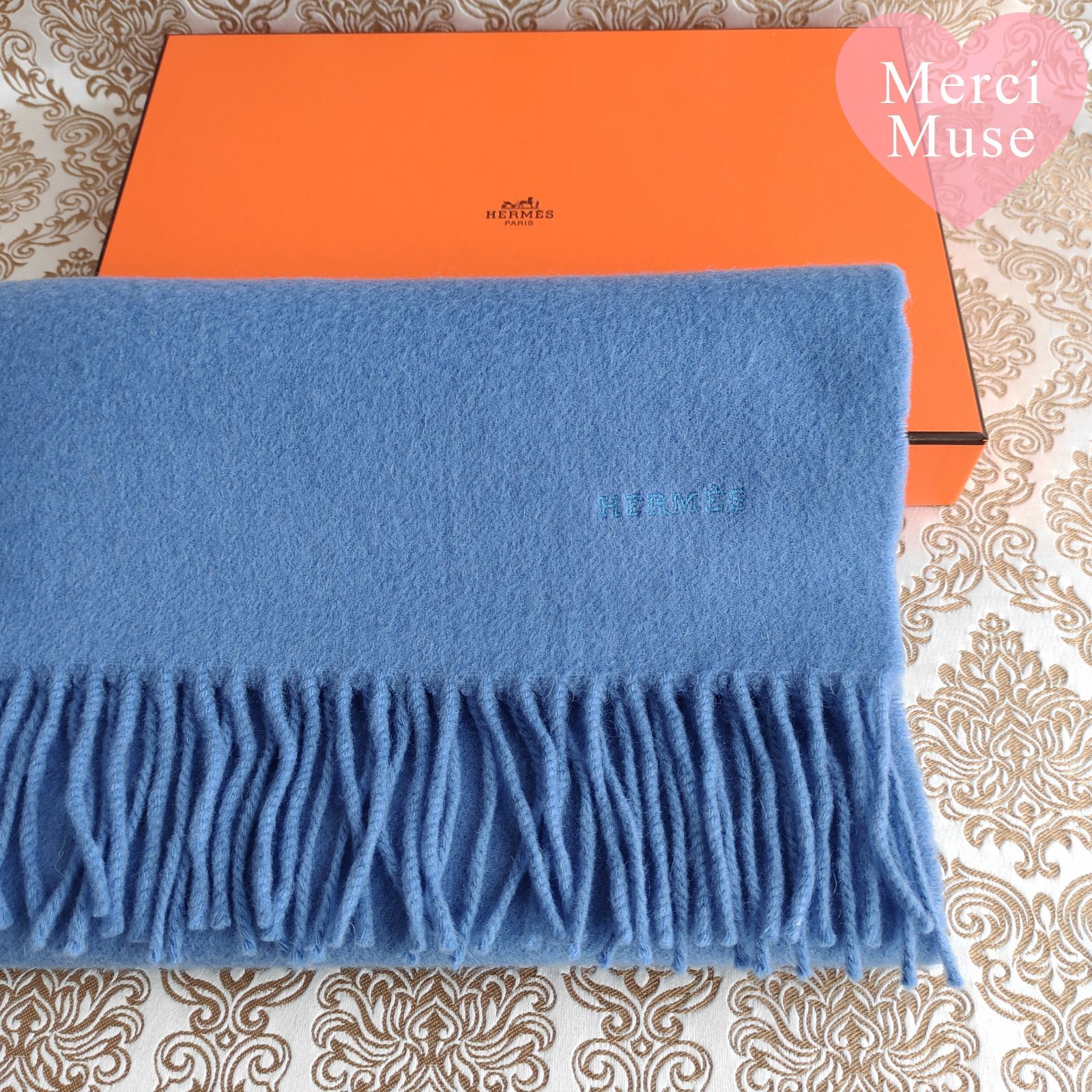 ❤お得なお品❤クリーニング済 カシミヤマフラー ブルー エルメス