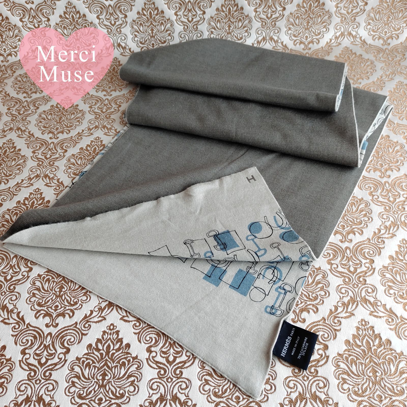 ❤お得なお品❤クリーニング済み カシミヤマフラー Hマーク グレー エルメス ❤お得なお品❤クリーニング済 Hマーク ホースピット柄 カシミヤシルク