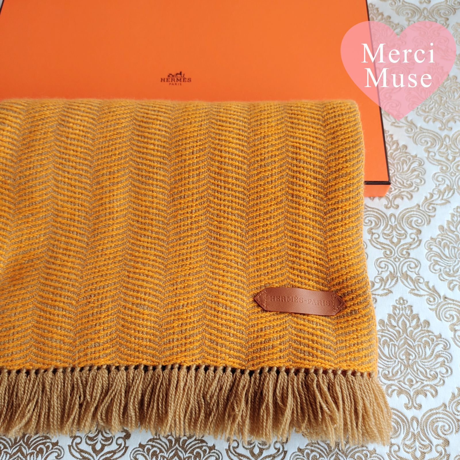 ❤お得なお品❤クリーニング済 カシミヤマフラー オレンジxブラウン